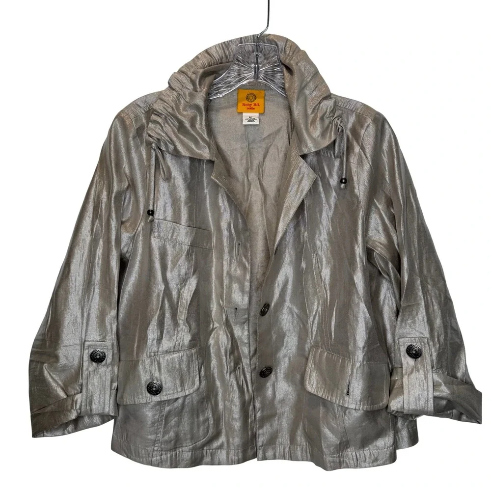 Ruby Rd Petite Metallic Silver Jacket Women Size 6P Button Front Collared Casual